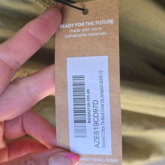 Nasty Gal Textured Cotton Tie Back Cover Up Jumpsuit Olive 12 NEW - Picture 8 of 9